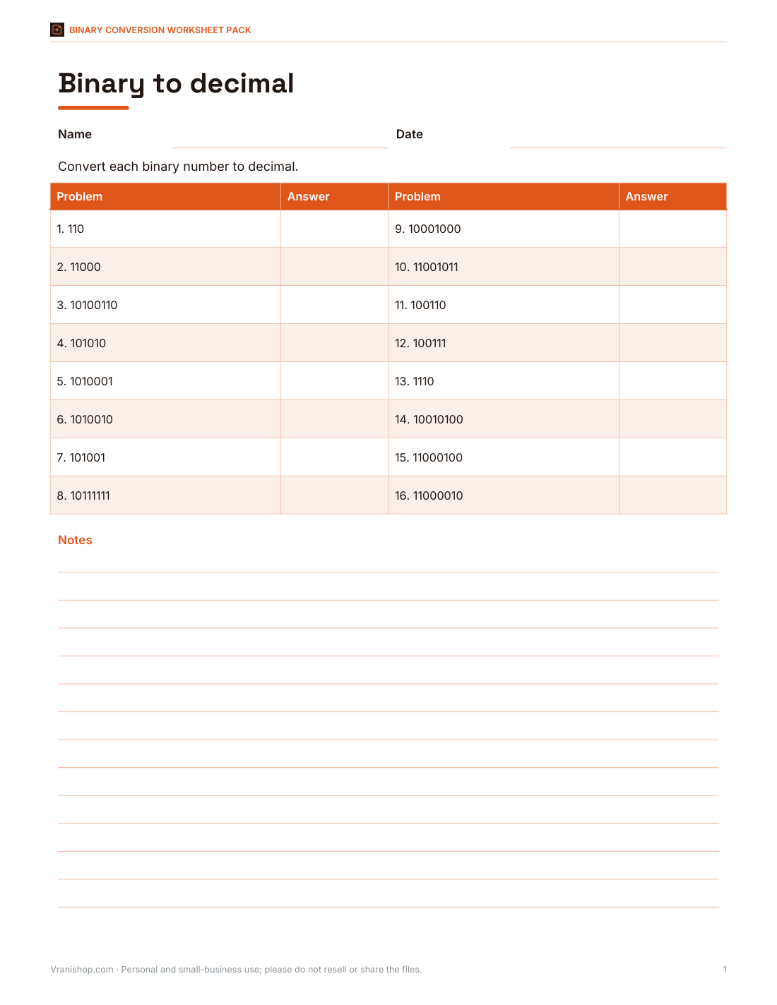 Preview of the first page of Binary to decimal (PDF/DOCX)